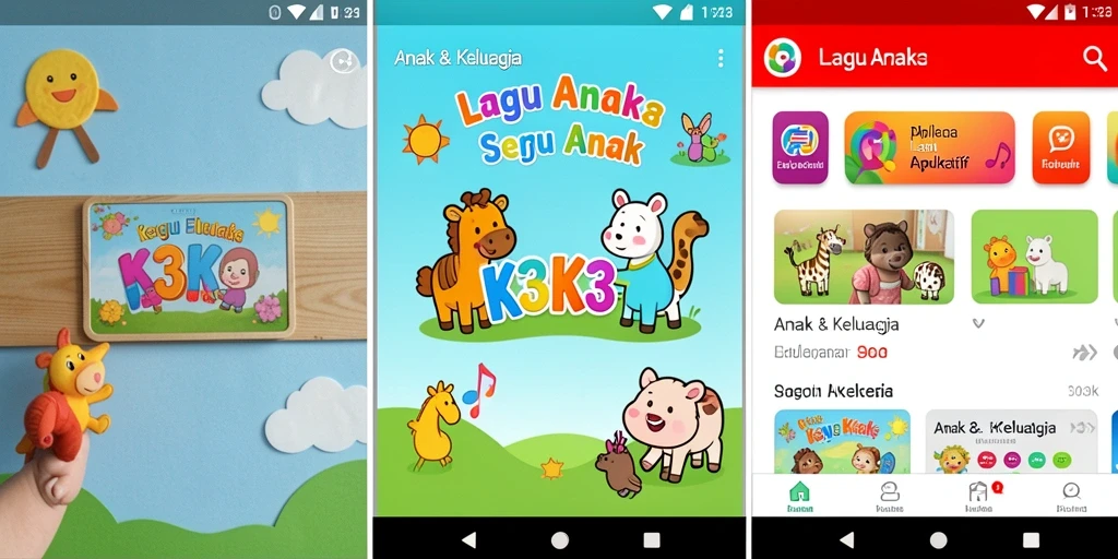 Antarmuka aplikasi K3K3 yang ceria dan interaktif untuk anak-anak.